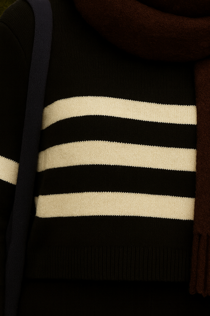 Model styled in a black striped two-piece knit set with long sleeves and relaxed fit pants, paired with white sneakers