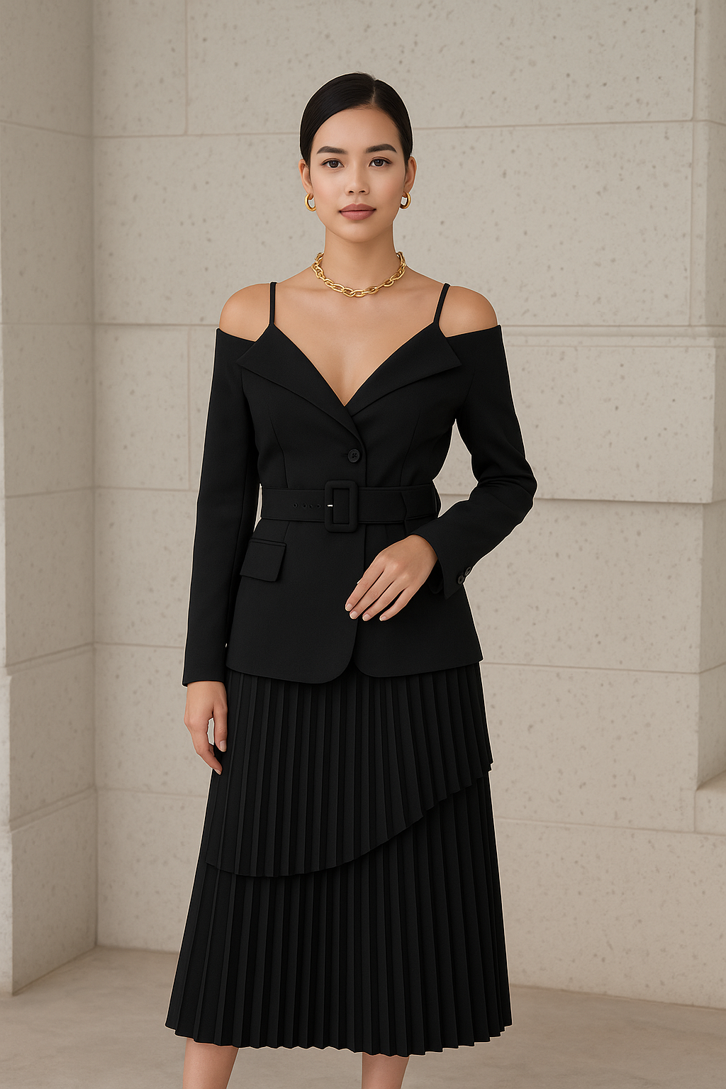 Woman wearing a black off-shoulder tailored blazer with a belted waist paired with a black pleated midi skirt in an elegant setting