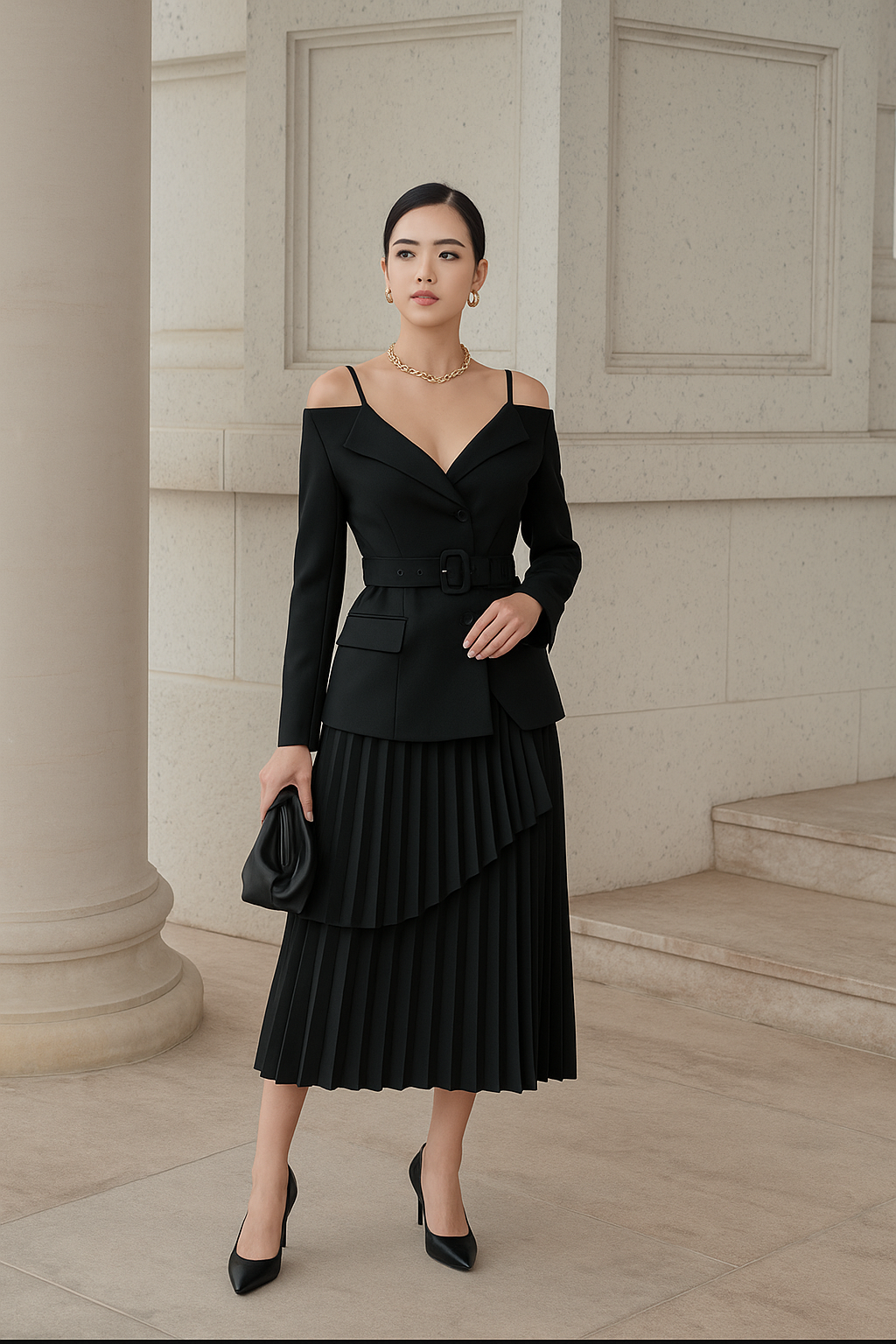 Elegant black two-piece set featuring a structured off-shoulder blazer and flowing pleated midi skirt styled with gold accessories