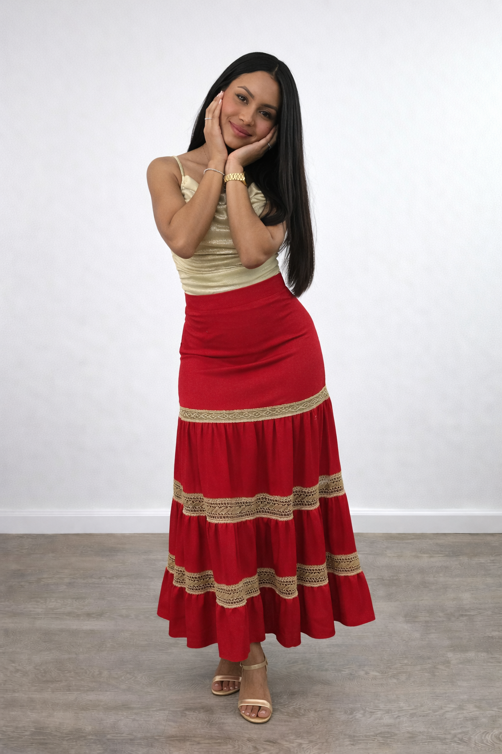 This red maxi skirt features a flattering high waist, flowing tiers, and lace accents. Perfect for boho outfits, brunch, vacations, or dates.