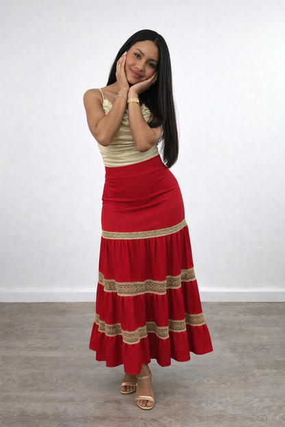 This red maxi skirt features a flattering high waist, flowing tiers, and lace accents. Perfect for boho outfits, brunch, vacations, or dates.