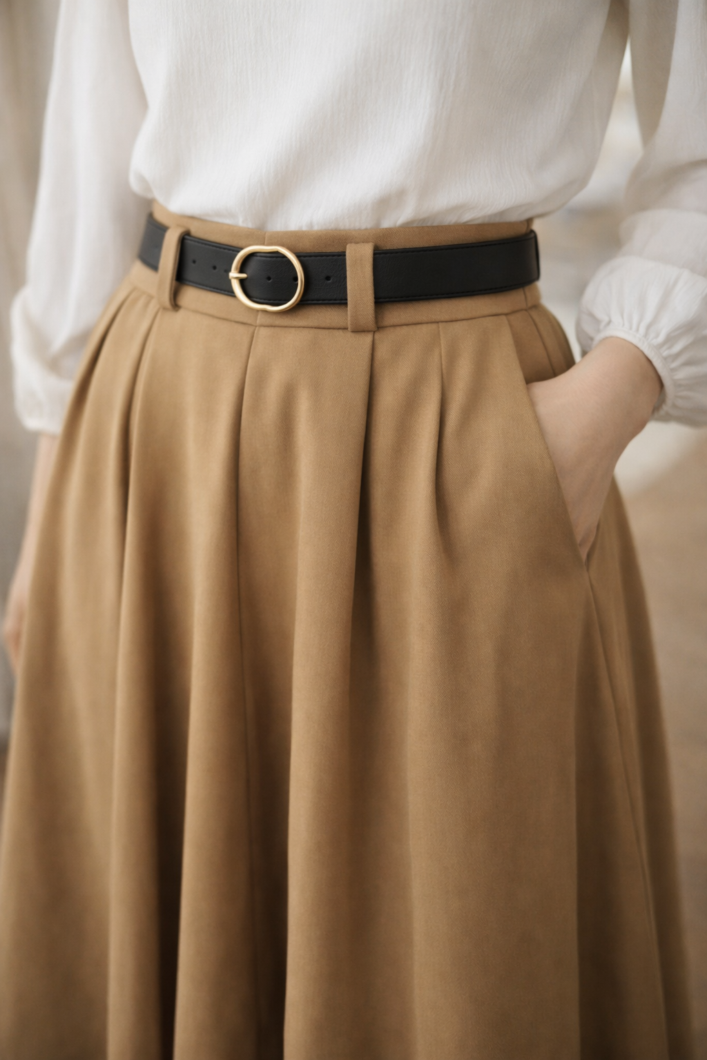 Utility-inspired cargo midi skirt with high waist and structured silhouette, Eleanor style.