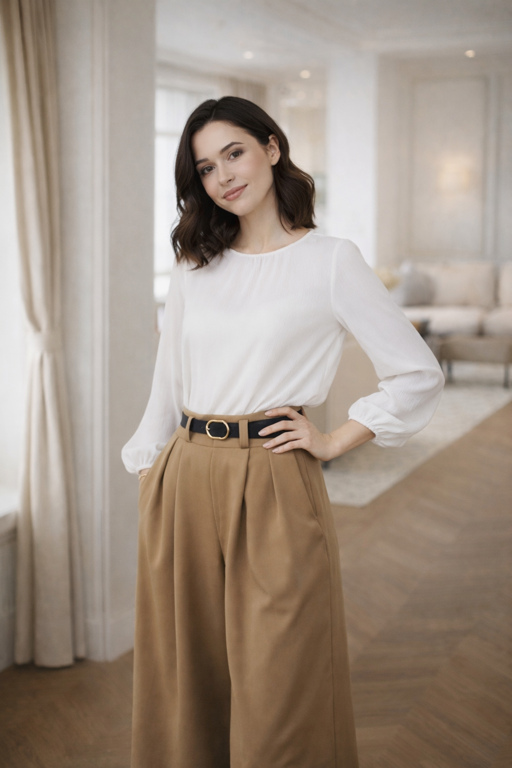 Model wearing the Eleanor utility midi skirt with cargo-style pockets and a high-waisted fit.