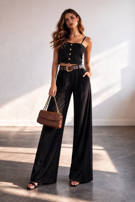 Elegant black two-piece women’s outfit featuring a structured button-front cropped camisole top and high-waisted wide-leg trousers, styled with a brown leather belt and matching shoulder bag, perfect for chic evening wear, resort dinners, or sophisticated summer events.