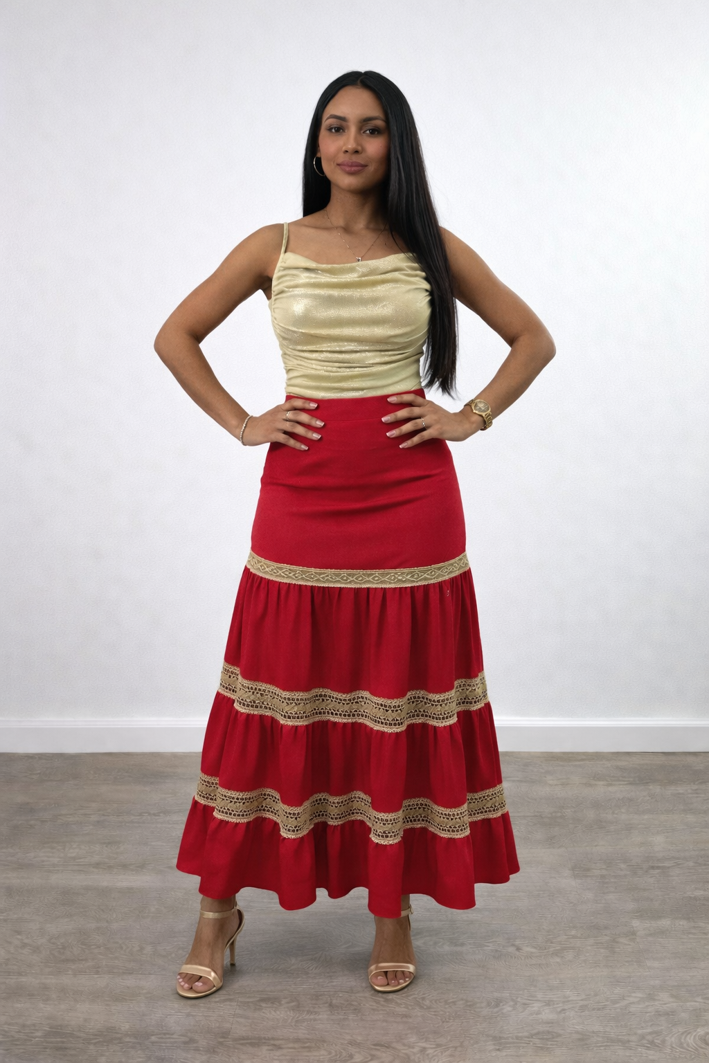 Women’s red maxi skirt with a high-waisted fit, tiered silhouette, and lace trim. A versatile boho skirt for casual or dressy occasions.