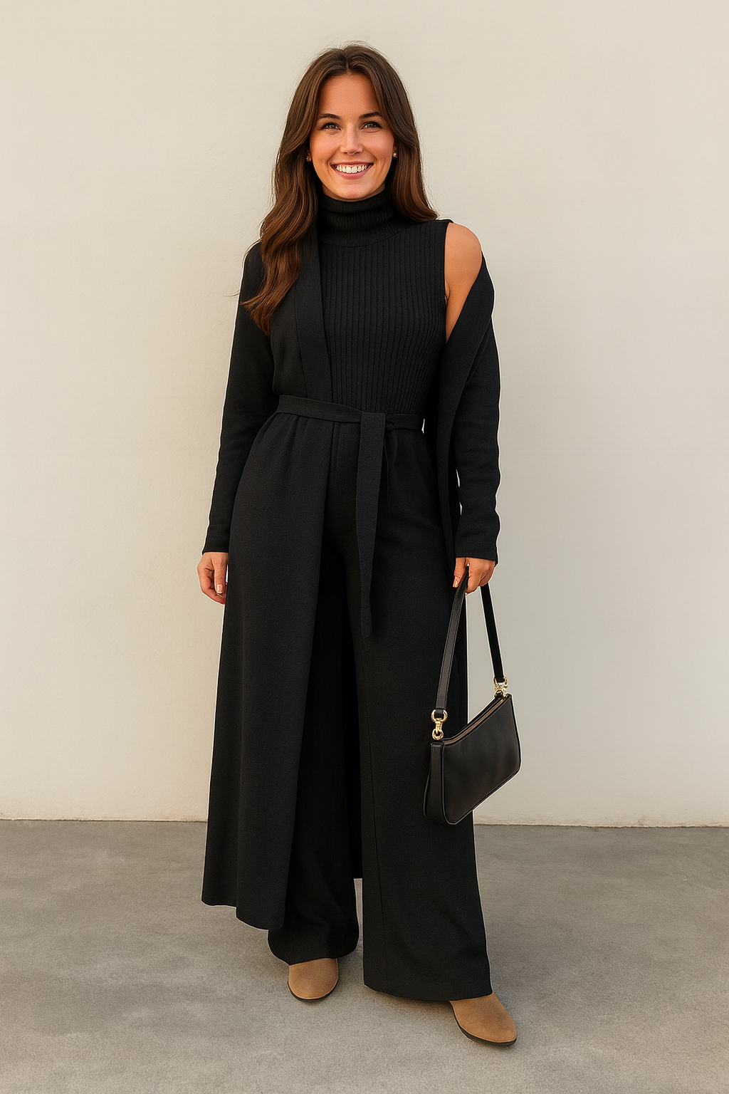 Woman wearing a black outfit with a plain background