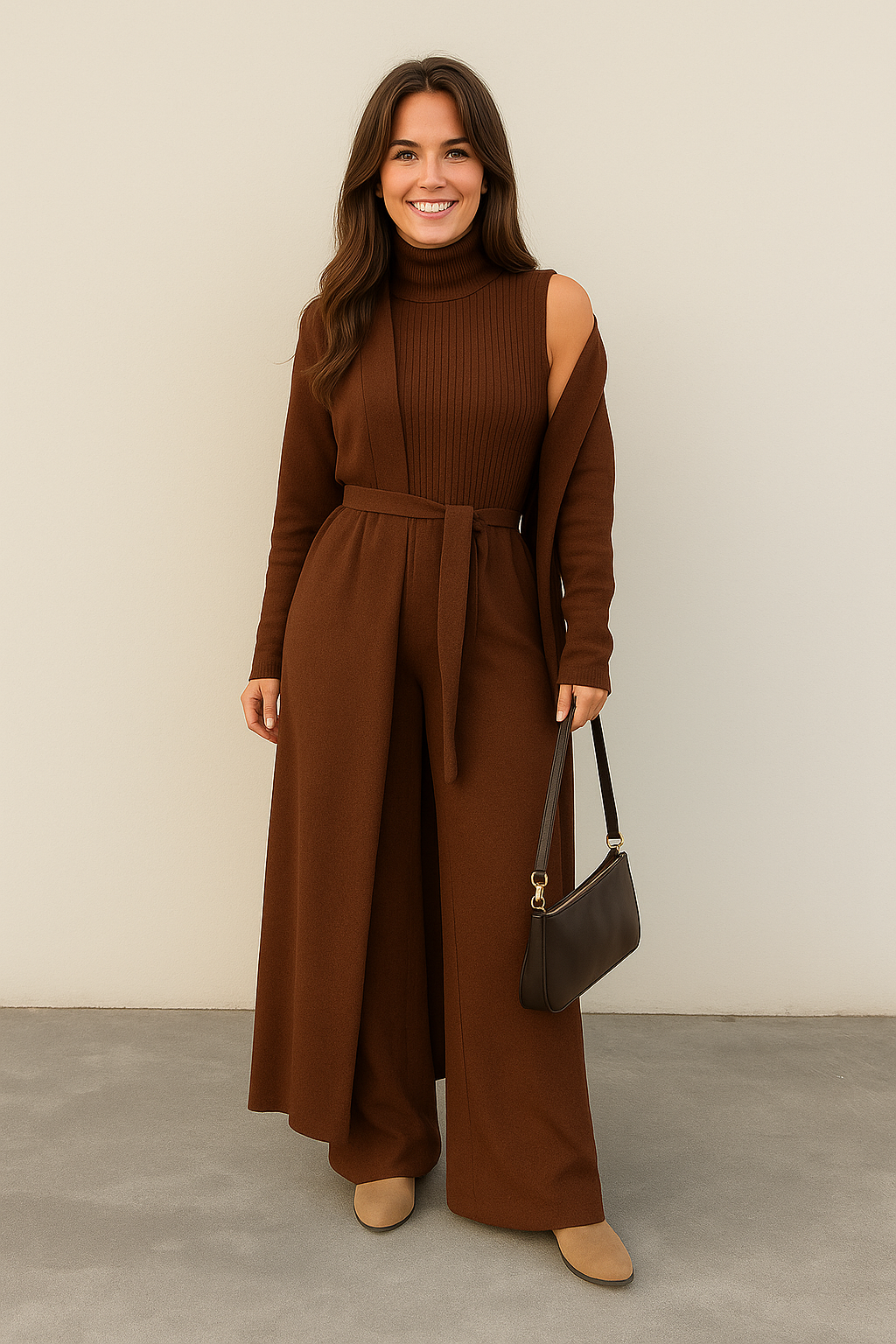 Woman wearing a brown jumpsuit with a plain background