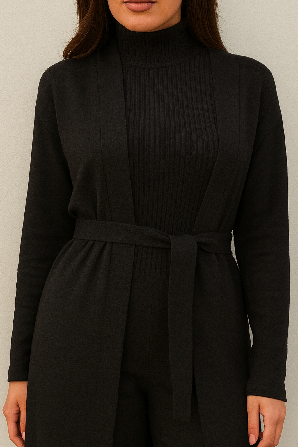 Black ribbed dress with a belt on a plain background