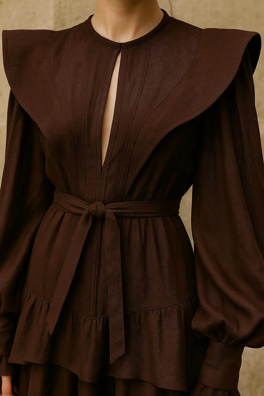 Brown dress with a wide collar and belt on a neutral background