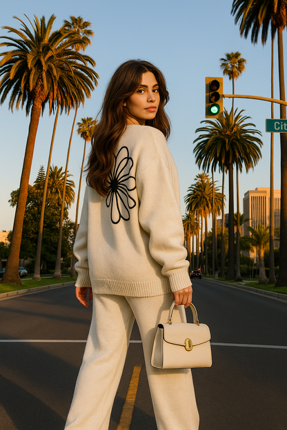Chic cream sweater and wide-leg pants set photographed in a sunny city boulevard