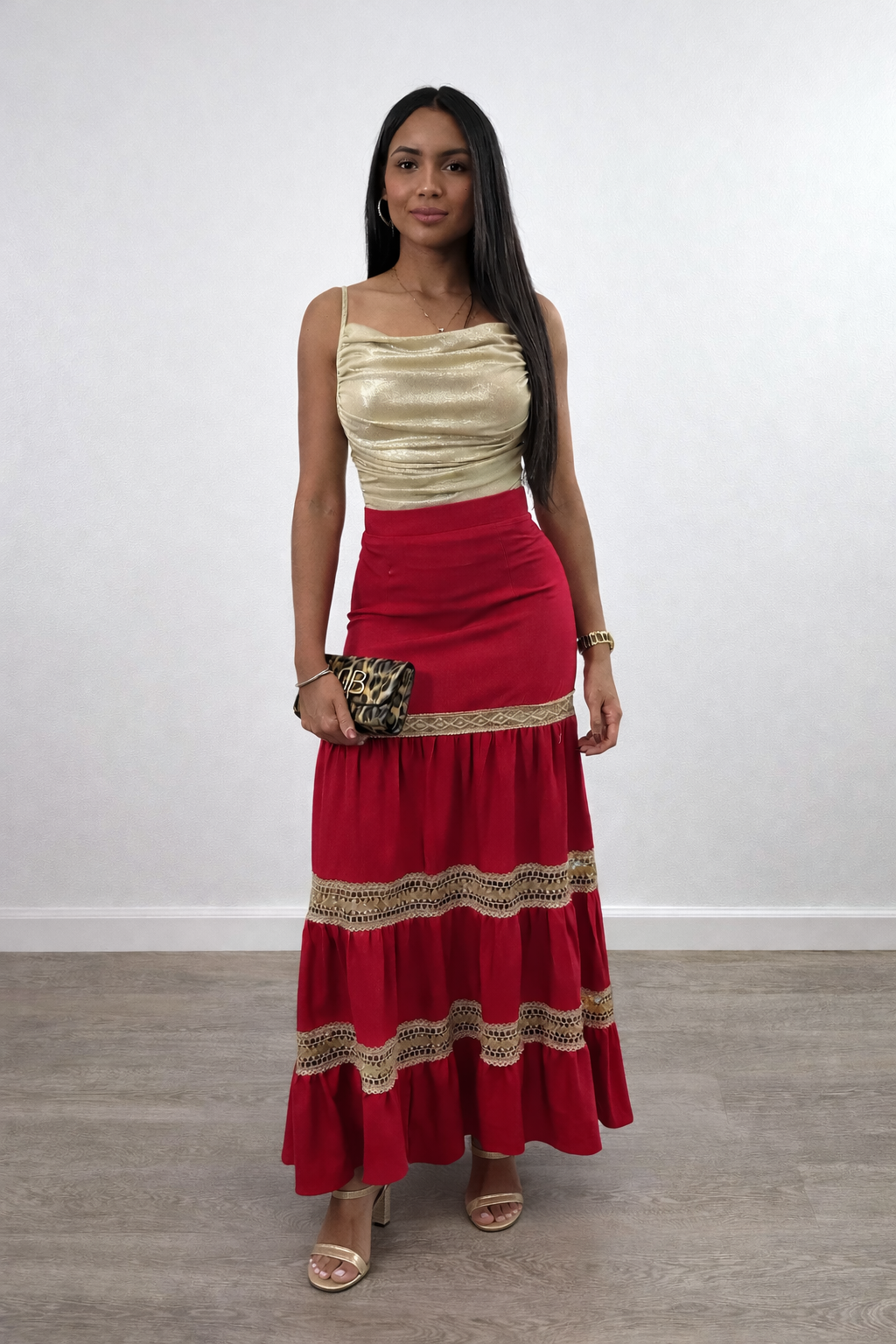 Elegant red maxi skirt with a high-waisted fit, tiered silhouette, and lace trim. A flattering boho skirt perfect for brunch, vacations, or events.