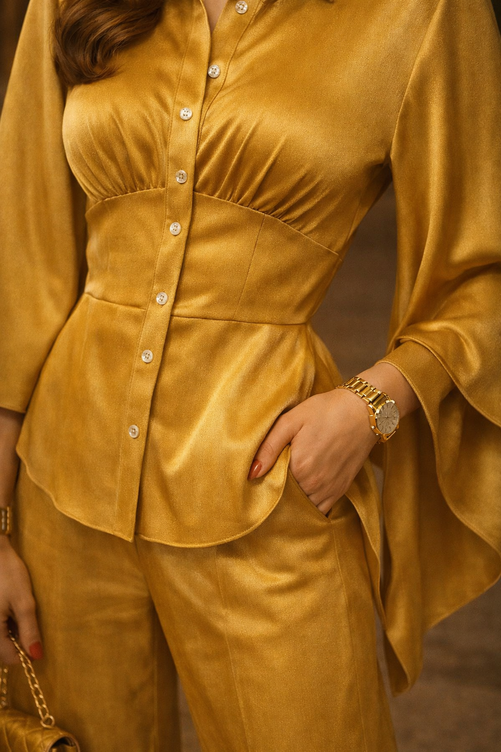 Woman styled in a gold satin matching set with a structured blouse, flowing pants, and statement accessories for a polished evening outfit.